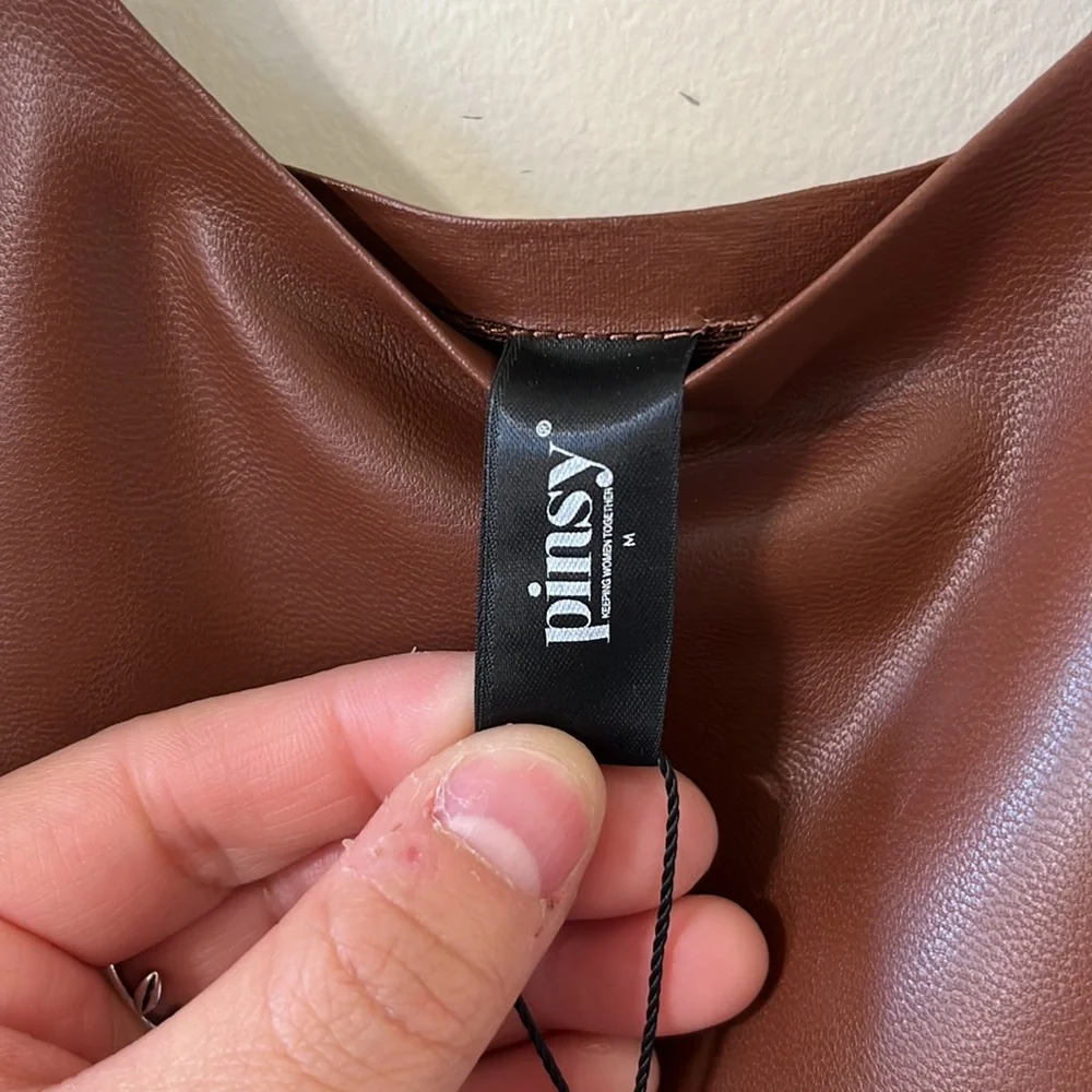 Pinsy Vegan Leather Scoop Tank Shapewear Bodysuit Seasonal Brown NWT Size Medium - Picture 13 of 14